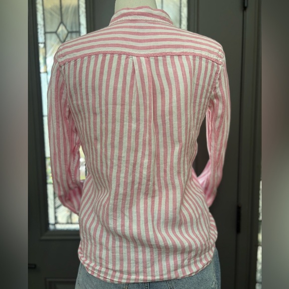 J. Crew Pink and White Striped 100% Linen Tie Waist Button-Up Shirt Size 6 - Picture 5 of 9